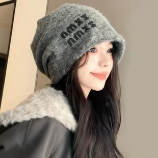 慵懒风冷帽女款2025新款秋冬大头围针织堆堆帽保暖护耳毛绒包头帽