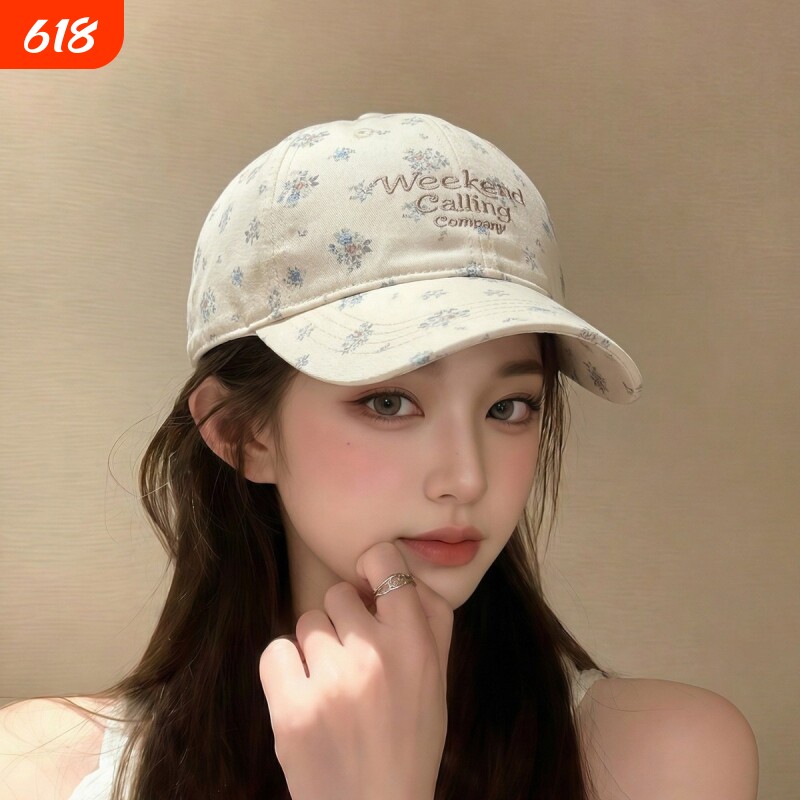 ins小碎花软顶帽子韩版大头围显脸小女款小清新红色户外白色宽檐