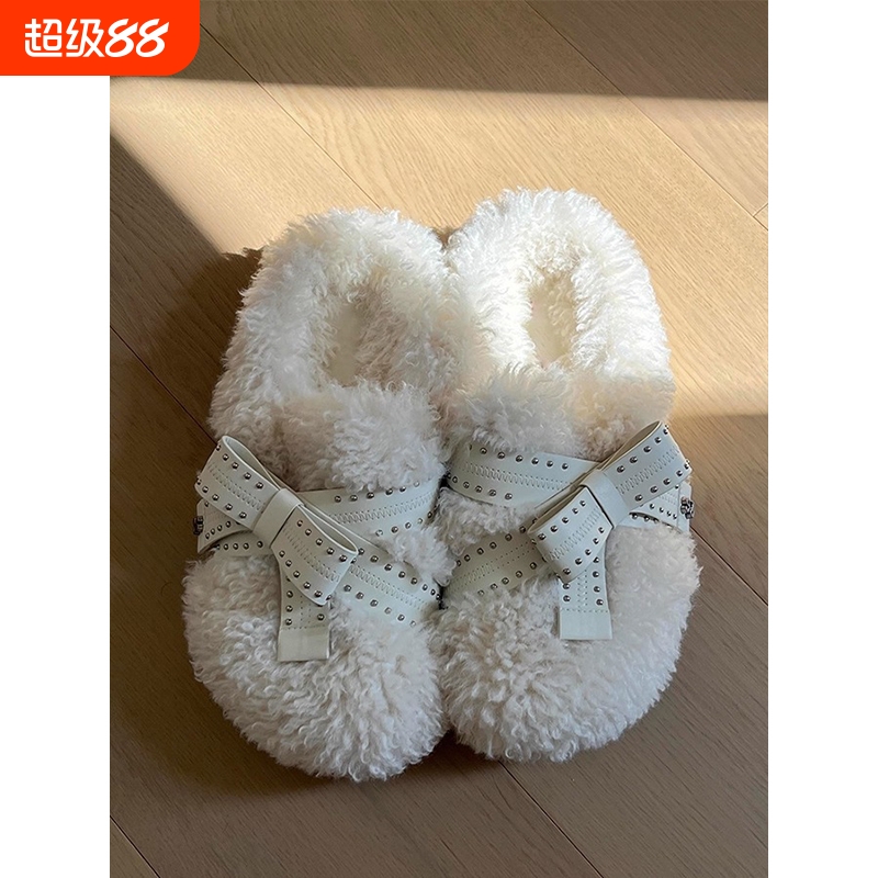 可爱蝴蝶结毛毛厚底包头拖鞋女外穿2025秋冬新款加绒保暖勃肯棉鞋