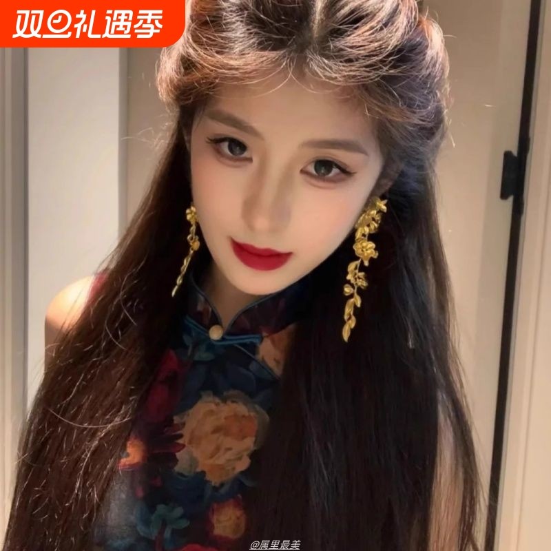 大气鎏金花朵流苏耳环复古民族风新中式耳钉轻奢小众夸张气质耳饰