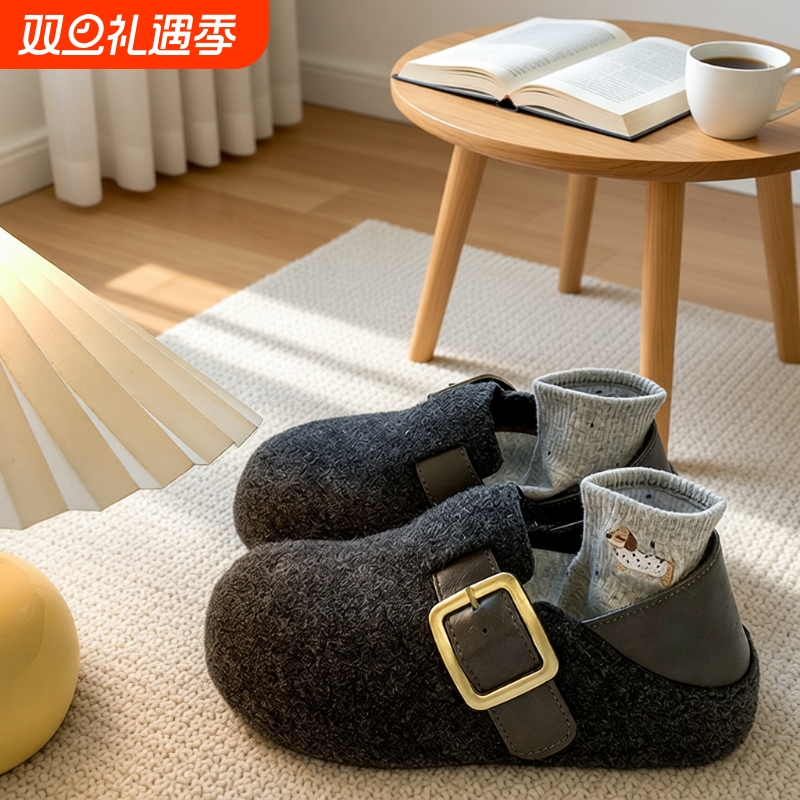软底灰色勃肯鞋女2025秋冬新款厚底两穿加绒包头半拖鞋内增高毛绒