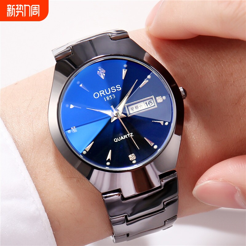 男士女士时尚钨钢色防水女超薄自动石英表钢带夜光情侣日历学生