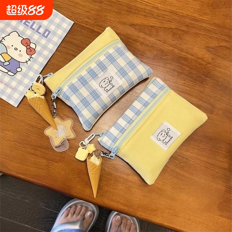 奶黄零钱包帆布迷你卡包少女钥匙挂袋口红证件收纳钱包双层新款图片