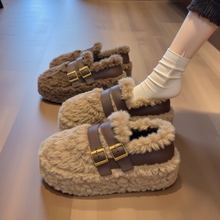 羊羔绒厚底毛毛鞋女秋冬2025新款高级感黑色毛茸茸一脚蹬增高棉鞋