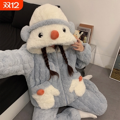 可爱睡衣女冬季加绒加厚三层夹棉