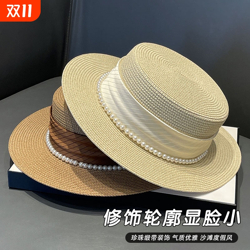 日式夏季法式女士平顶草编草帽平顶帽女款2025平沿海边防晒礼帽子