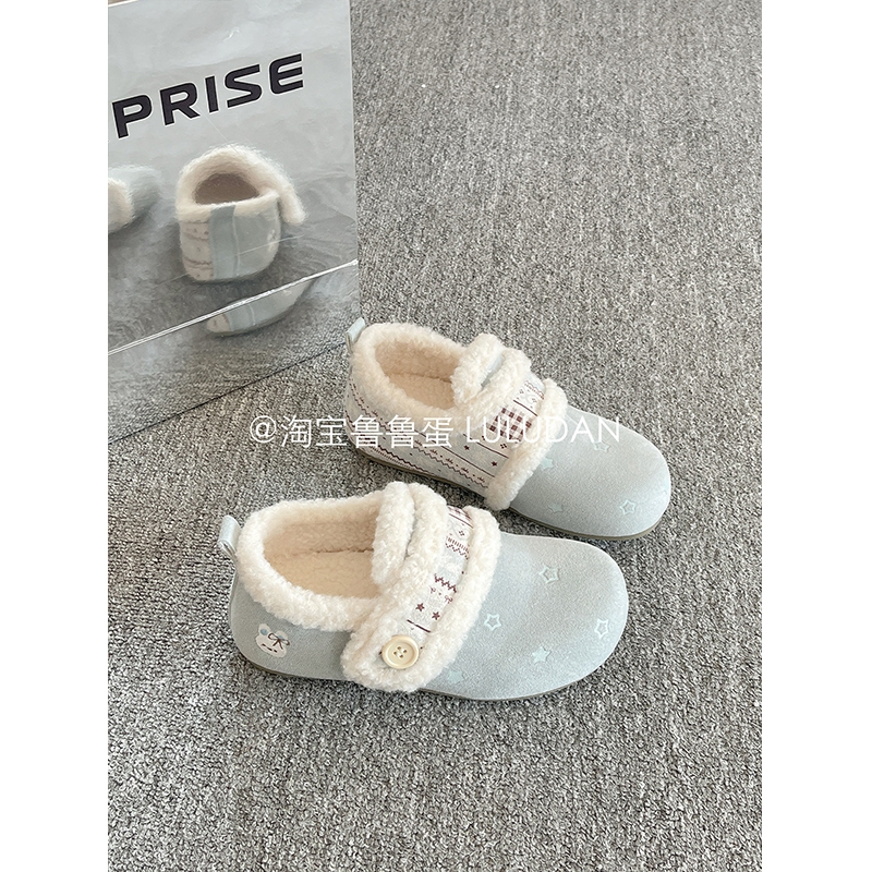 鲁鲁蛋一脚蹬加绒勃肯鞋女2025新款冬季保暖毛毛鞋二棉鞋平底毛绒