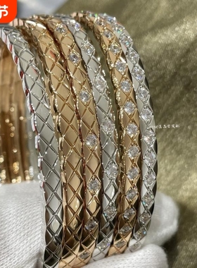 窄版菱格纹手镯女V金镀18K玫瑰金间钻满钻银色宽版小香风coco手环
