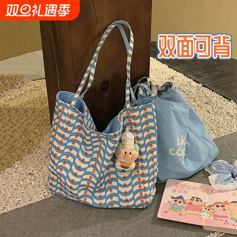 双面可背条纹帆布包小众韩版大容量慵懒风红色托特包休闲购物袋女