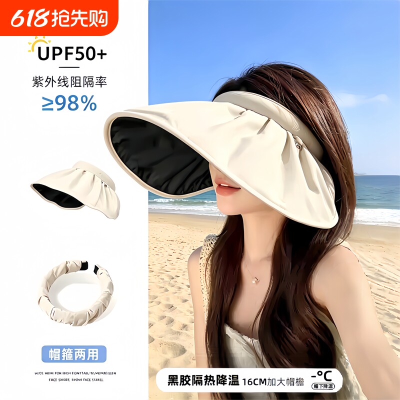大帽檐黑胶贝壳帽女夏季防紫外线户外空顶防晒帽可折叠发箍遮