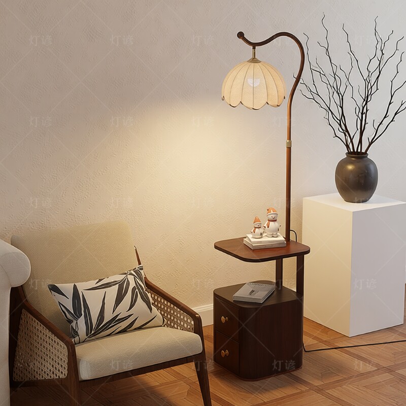落地灯实木床头柜一体中古风卧室高级感客厅沙发旁边氛围边几台灯