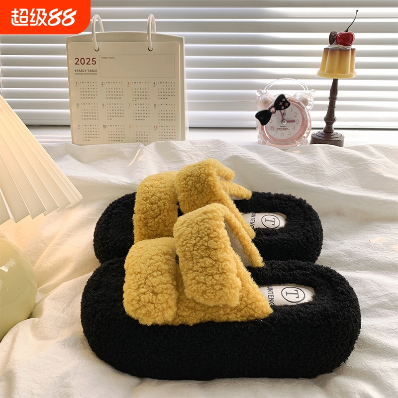 巨好看松糕厚底毛毛拖鞋女外穿2025秋冬新款居家防滑棉拖高跟毛绒