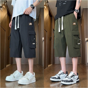 工装风七分裤男夏季宽松大码多口袋中学生休闲运动短裤卡其色黑色