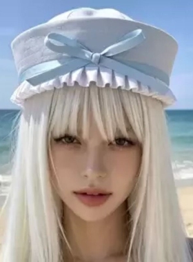 白蓝水手帽女荷叶边蝴蝶结大头围