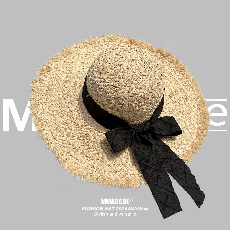 毛边出游防晒帽休闲逛街草帽大帽檐蝴蝶结旅行大檐