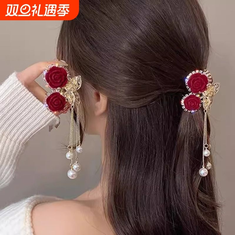 发夹女2025新款高端红色流苏小抓夹后脑勺盘发卡半扎鲨鱼夹高级感