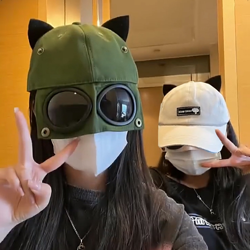 可爱带猫耳朵飞行员眼镜棒球帽子女春夏墨镜鸭舌帽女韩版百搭学生