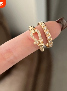 扭纹马蹄戒指女玫瑰金18k轻奢ins不掉色麻花情侣指环黄金白金