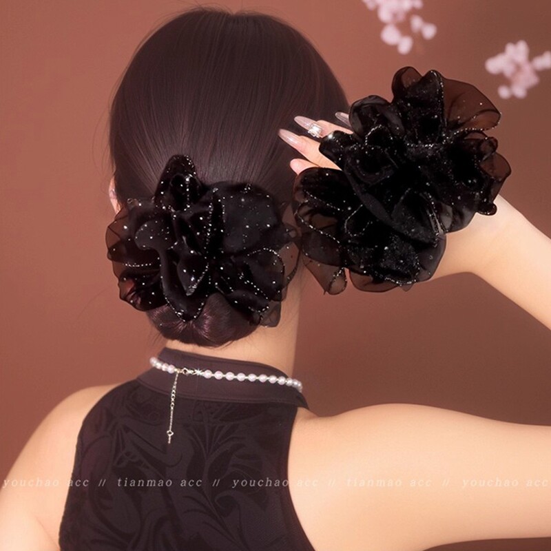 优雅气质满天星发饰欧根纱大肠发圈高级感发绳盘发丸子头头花头饰