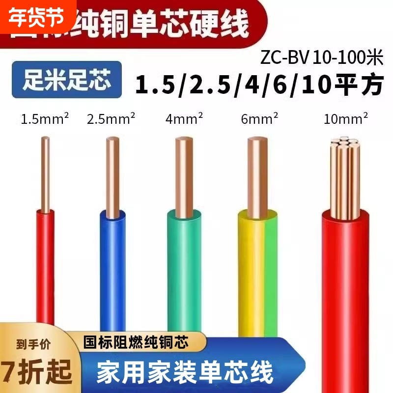国标电线BVR/BV多股纯铜芯软电缆线1.52.54610平方单芯地线家用