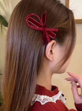 复古红色丝绒蝴蝶结水钻发夹女2026新年刘海侧边鸭嘴一字夹子头饰