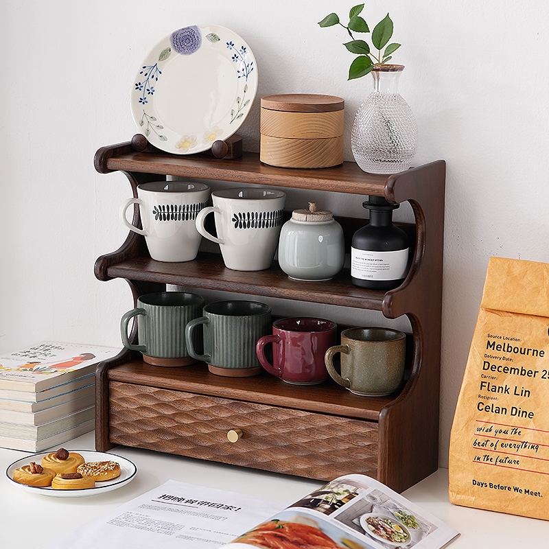 胡桃木带抽杯架茶具收纳架