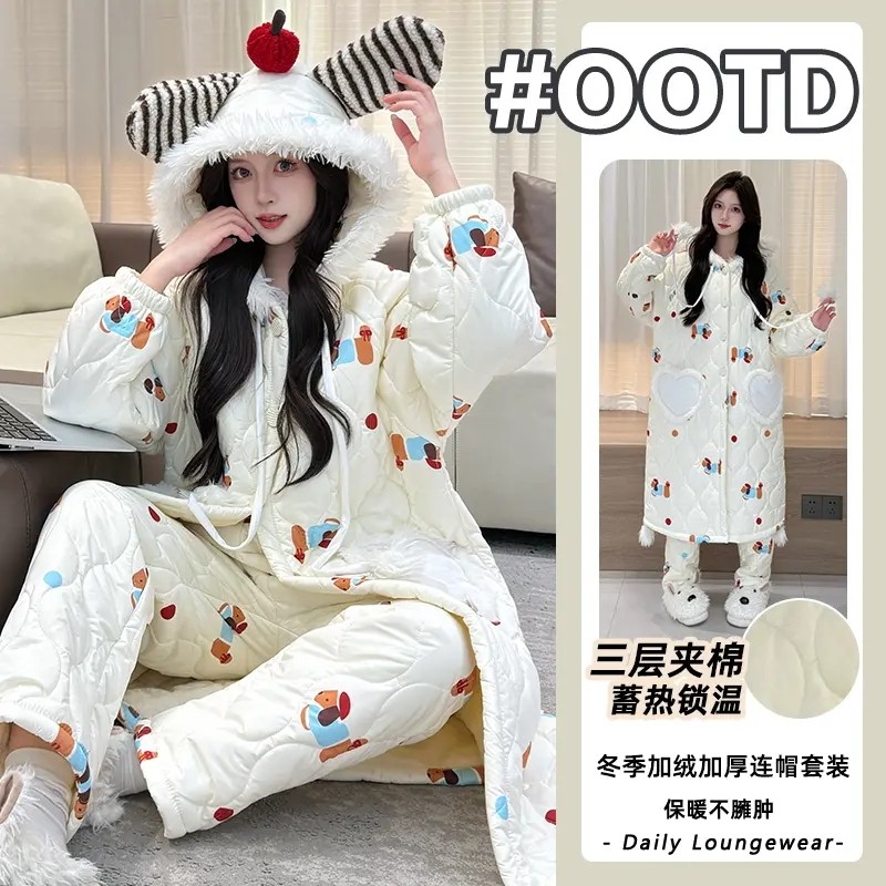 网红风卡通睡袍女款秋冬季珊瑚绒加厚睡衣大码女士三层夹棉家居服