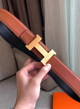 爱马男仕大牌适配H扣男真皮平滑扣头层牛皮裤腰带商务红色皮带