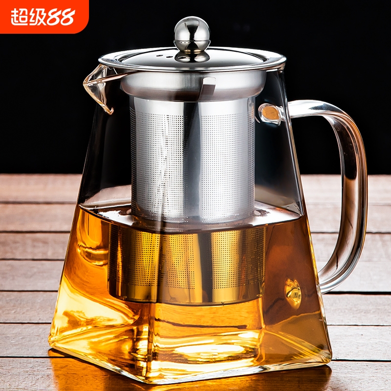 玻璃泡茶壶家用花茶水壶耐高温加厚耐热过滤水壶煮茶壶四方冲茶壶
