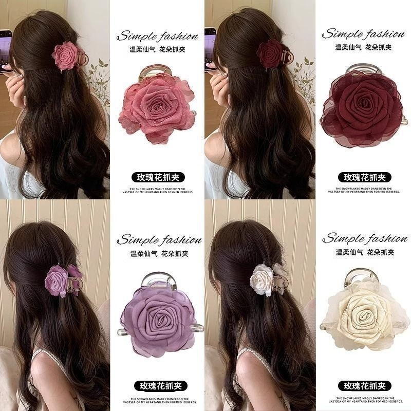紫色山茶花花朵发夹后脑勺半扎发抓夹女高级感2025新款鲨鱼夹发卡
