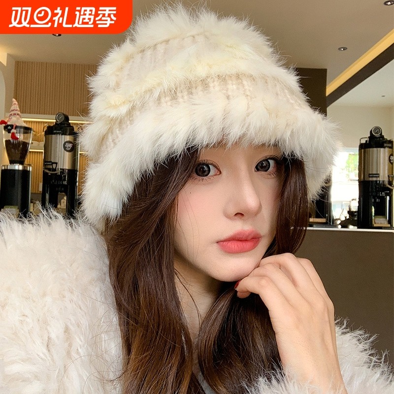 米白兔毛帽子女秋冬显脸小加厚保暖毛绒针织帽大头围毛线渔夫盆帽