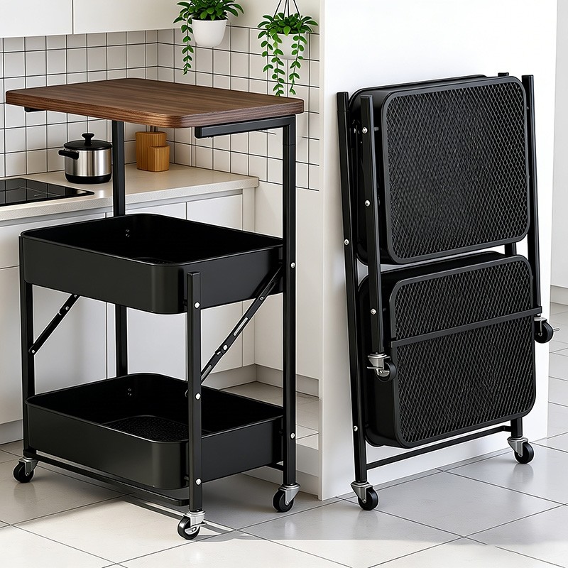 中古风小推车置物架落地可移动零食收纳架折叠储物架沙发边几茶几