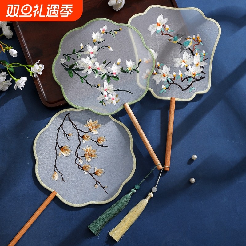 儿童团扇古风双面苏绣中国风舞蹈专用汉服夏季圆扇旗袍古装刺绣扇