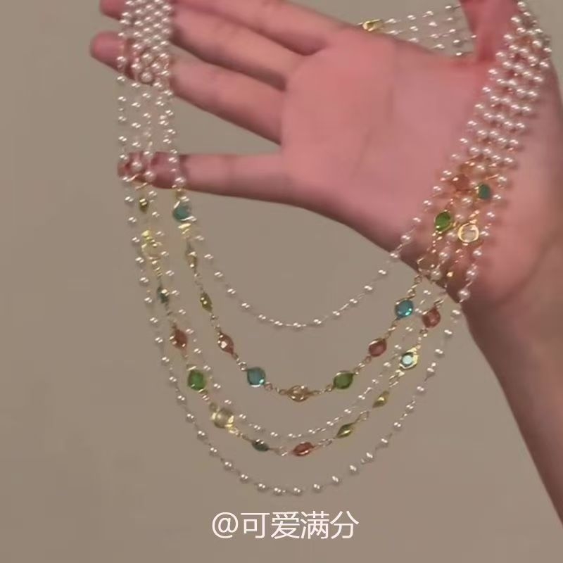 「星光彩虹」多巴胺彩色镶钻珍珠多层项链法式复古时尚叠戴锁骨链