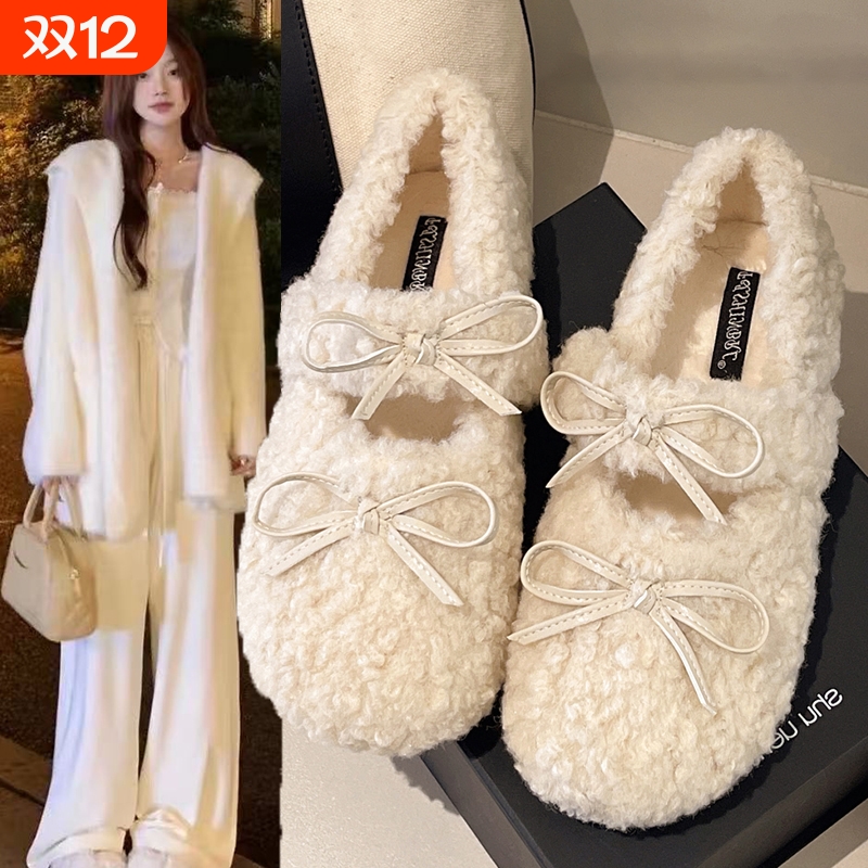 白色法式勃肯毛毛鞋女外穿加绒保暖秋冬季2025新款羊羔毛棉拖鞋子