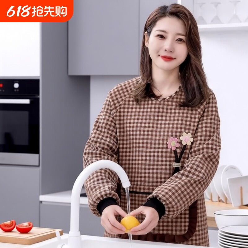 围裙新款罩衣女外穿棉布长袖厨房家用做饭围腰上班工作服防油防水