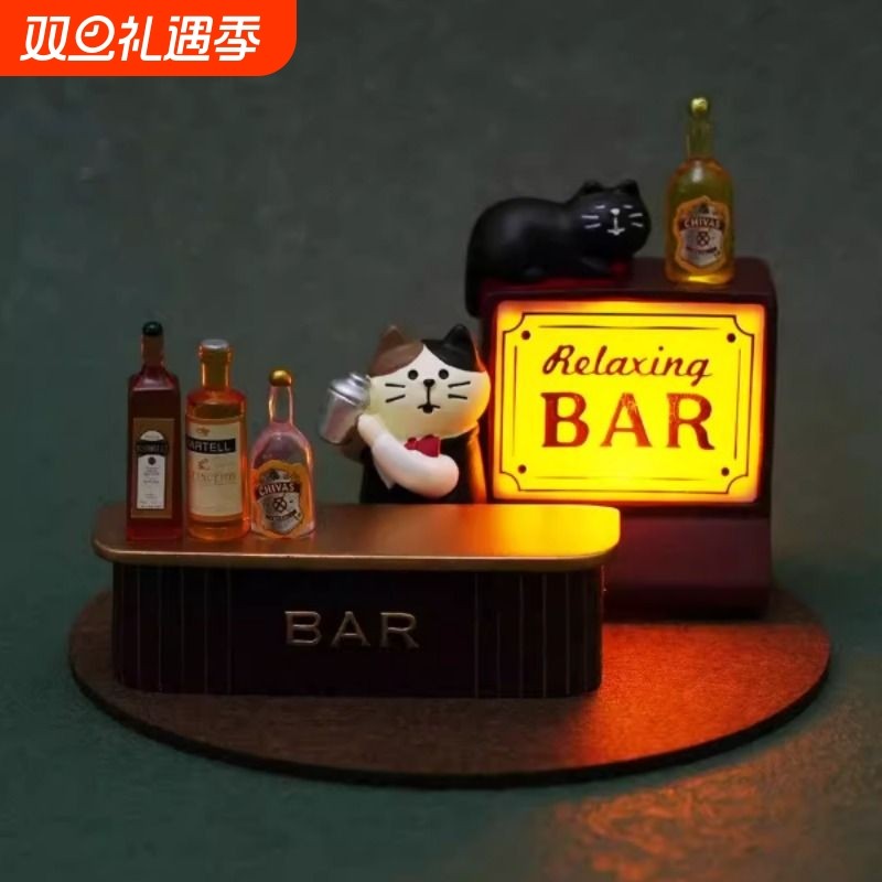 zakka日式酒吧猫咪车载办公室咖啡店装饰LED小夜灯氛围感摆件礼物