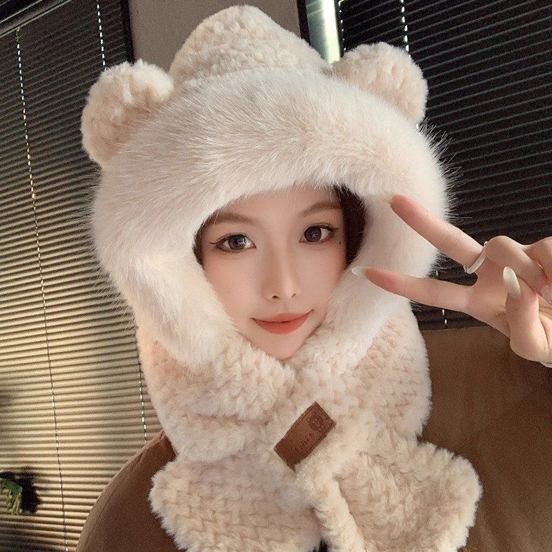 帽子女冬季毛绒围巾一体骑车防寒风加厚保暖围脖连帽2025新款防风