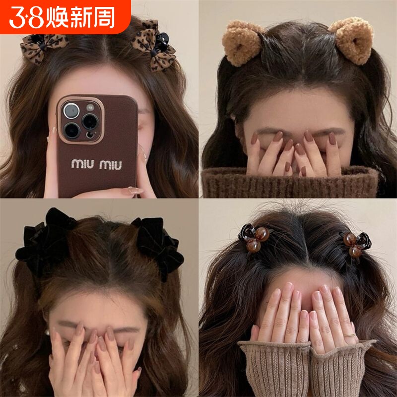 豹纹侧边刘海小抓夹蝴蝶结发夹女2025新款高级感秋冬公主头头顶夹