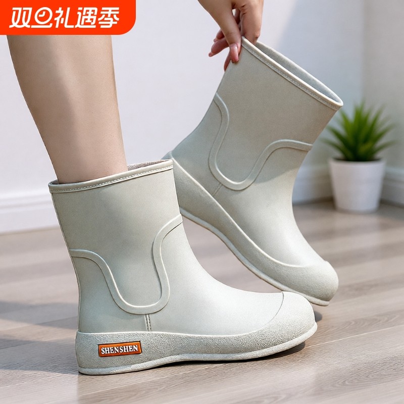 日系高档雨鞋女款中筒雨靴加棉水鞋防水防滑胶鞋洗车工作短筒水靴
