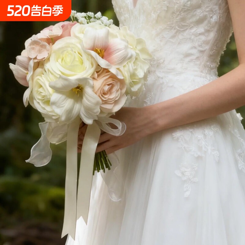 马卡系粉色手捧花仿真花束玫瑰新娘领证结婚花束影楼婚纱摄影道具