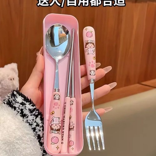 樱桃小丸子304不锈钢勺子叉子筷子可爱学生宿舍家用便携餐具盒子
