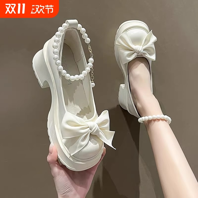 时尚甜美蝴蝶结女2025春新款厚底玛丽珍单鞋浅口配裙子粗跟小皮鞋