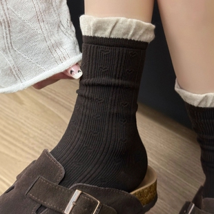 芭蕾风无骨堆堆袜配勃肯鞋 爆款 中筒袜2025新款 咖色花边袜子女秋季