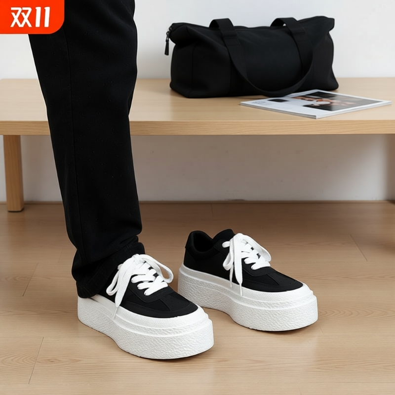 男鞋2025新款潮流百搭厚底纯色休闲板鞋男透气增高低帮黑色帆布鞋