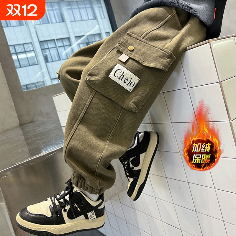 男童加绒裤子秋冬款2025新款中大童秋装长裤儿童工装裤男孩春秋季