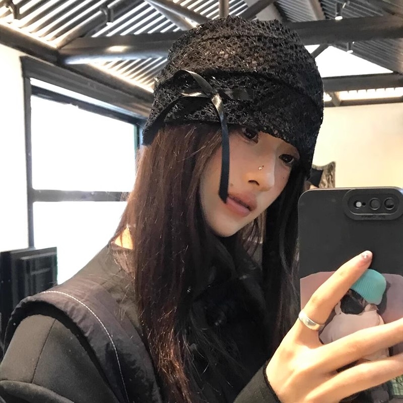 蕾丝镂空蝴蝶结冷帽女黑色韩版弹力堆堆帽设计感小众百搭包头帽子