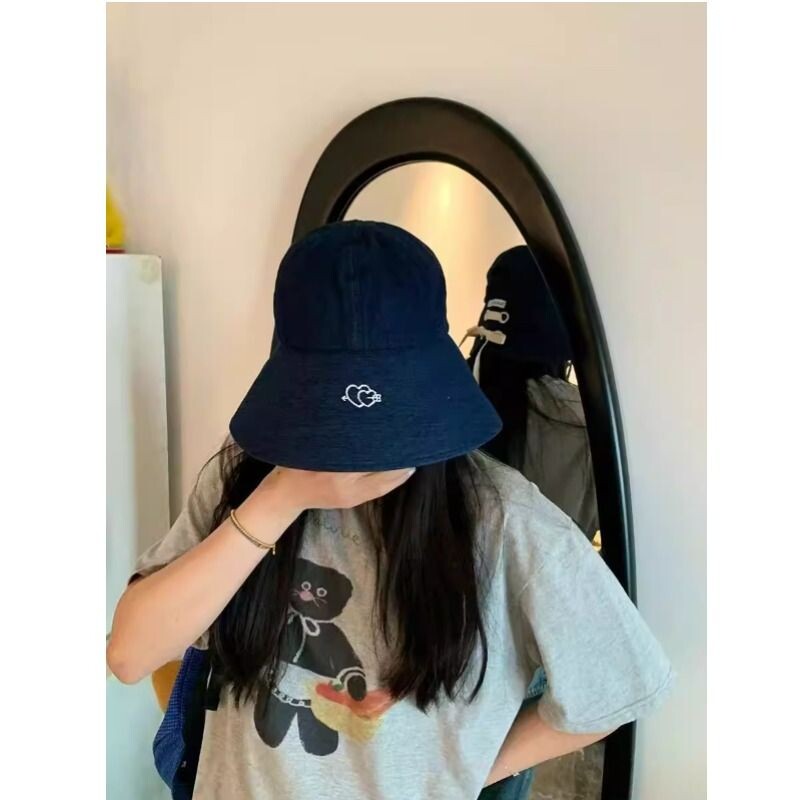 日系字母翻檐牛仔渔夫帽子女夏季2026新款大帽檐遮阳帽做旧盆帽女