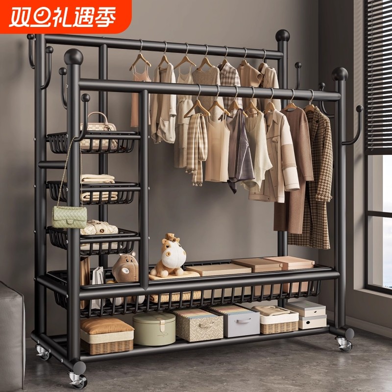 加厚双杆衣帽架落地卧室家用晾衣架可移动挂衣架子室内衣服置物架