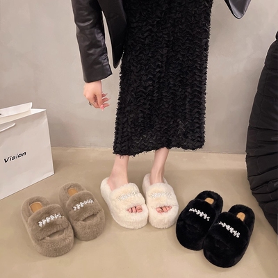 厚底秋冬拖鞋女网红2025新款毛毛外穿水钻一字带增高居家棉拖鞋子